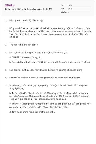 Đề thi Học kì 1 Vật Lí lớp 6 chọn lọc, có đáp án (Đề 11)