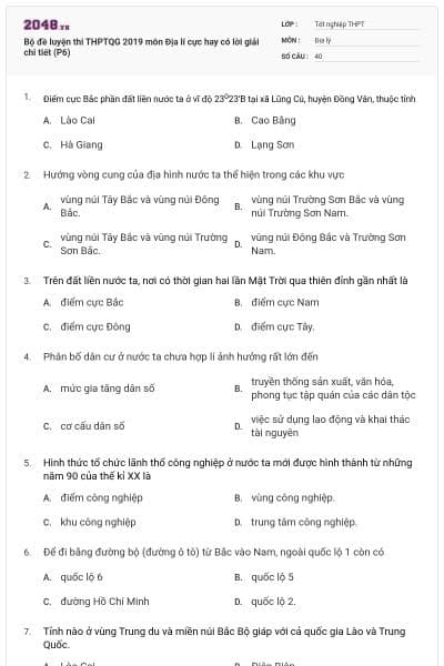 Bộ đề luyện thi THPTQG 2019 môn Địa lí cực hay có lời giải chi tiết (P6)