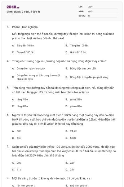 Đề thi giữa kì 2 Vật Lí 9 (Đề 4)