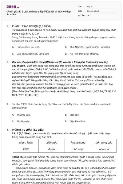 Đề thi giữa kì 2 Lịch sử&Địa lý lớp 5 Kết nối tri thức có đáp án - Đề 4
