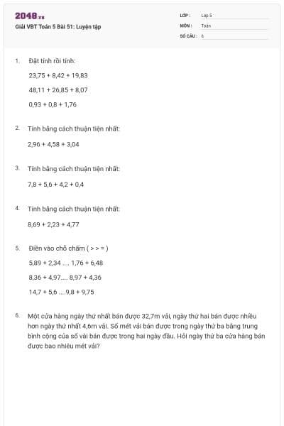 Giải VBT Toán 5 Bài 51: Luyện tập