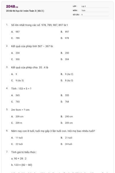 20 Đề thi học kì I môn Toán 3 ( Đề 3 )