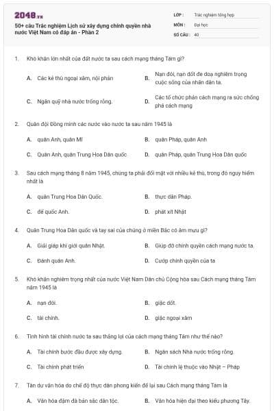 50+ câu Trắc nghiệm Lịch sử xây dựng chính quyền nhà nước Việt Nam có đáp án - Phần 2