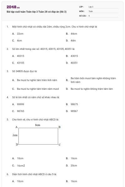 Bài tập cuối tuần Toán lớp 3 Tuần 28 có đáp án (Đề 3)
