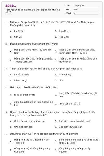 Tổng hợp 20 đề thi thử môn Địa Lý có đáp án mới nhất (đề số 17)