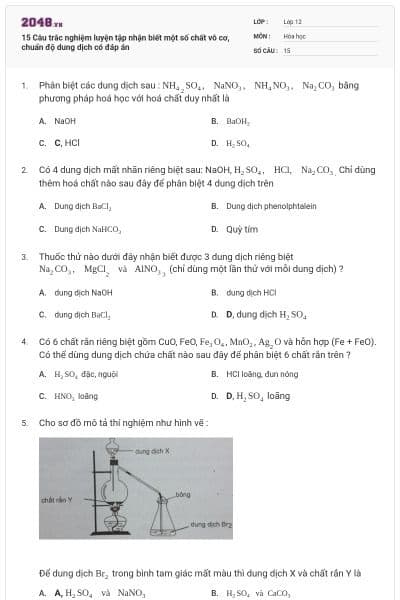 15 Câu trắc nghiệm luyện tập nhận biết một số chất vô cơ, chuẩn độ dung dịch có đáp án