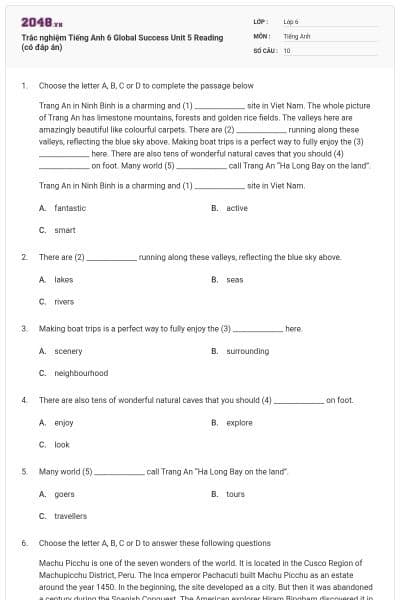 Trắc nghiệm Tiếng Anh 6 Global Success Unit 5 Reading (có đáp án)