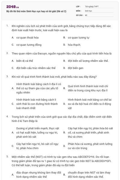 Bộ đề thi thử môn Sinh Học cực hay có lời giải (Đề số 2)