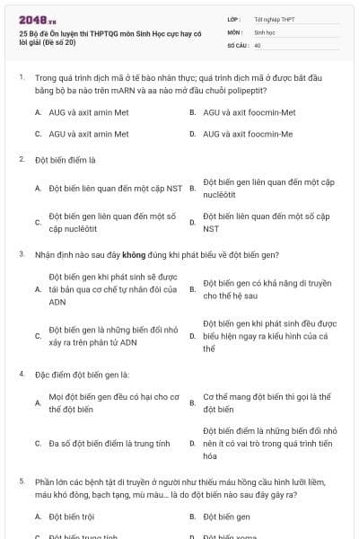 25 Bộ đề Ôn luyện thi THPTQG môn Sinh Học cực hay có lời giải (Đề số 20)