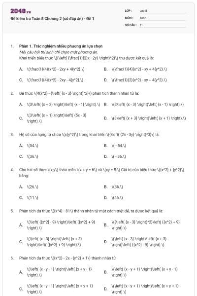 Đề kiểm tra Toán 8 Chương 2 (có đáp án) - Đề 1