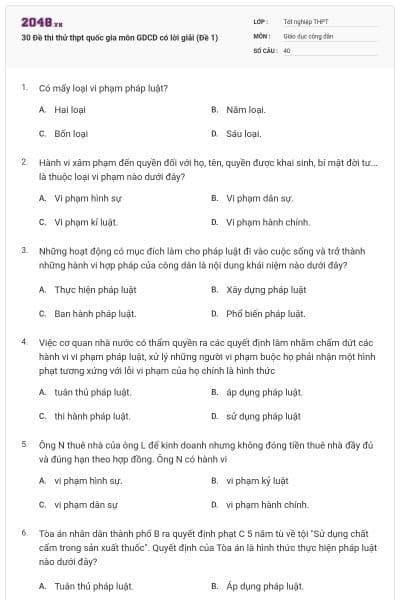 30 Đề thi thử thpt quốc gia môn GDCD có lời giải (Đề 1)