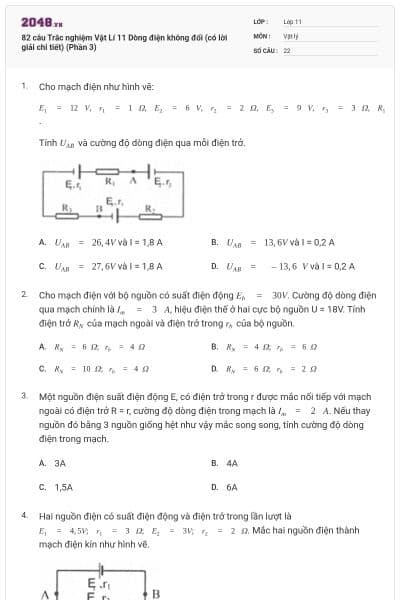 82 câu Trắc nghiệm Vật Lí 11 Dòng điện không đổi (có lời giải chi tiết) (Phần 3)