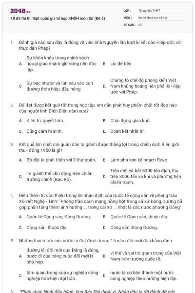 10 đề thi thi thpt quốc gia tổ hợp KHXH môn Sử (Đề 5)