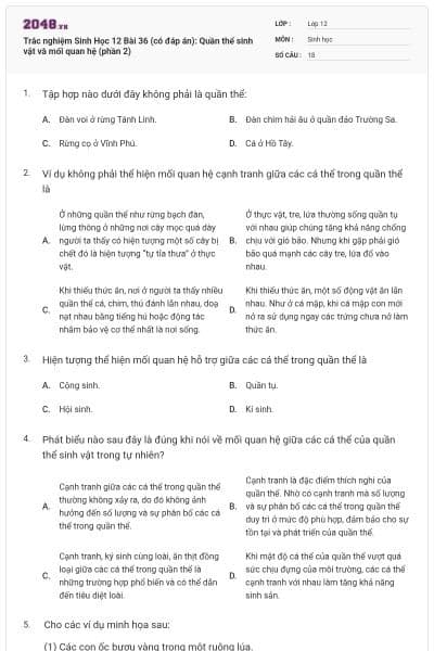 Trắc nghiệm Sinh Học 12 Bài 36 (có đáp án): Quần thể sinh vật và mối quan hệ (phần 2)