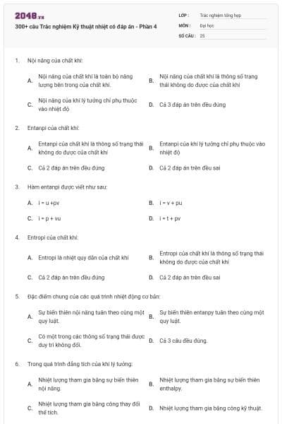 300+ câu Trắc nghiệm Kỹ thuật nhiệt có đáp án - Phần 4