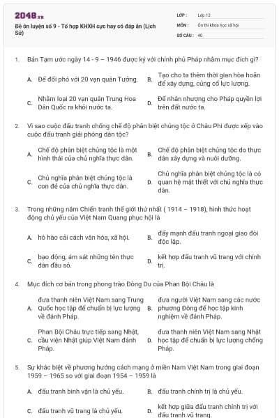 Đề ôn luyện số 9 - Tổ hợp KHXH cực hay có đáp án (Lịch Sử)