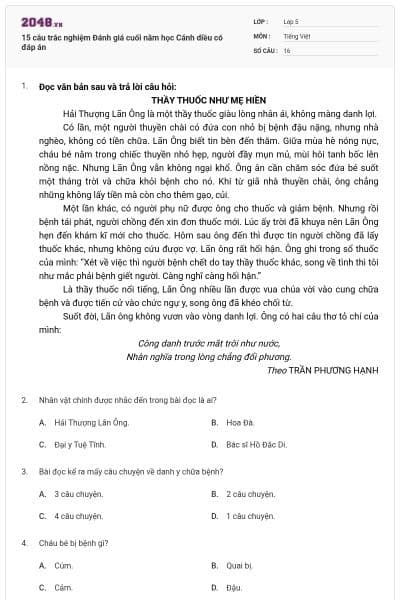 15 câu trắc nghiệm Đánh giá cuối năm học Cánh diều có đáp án