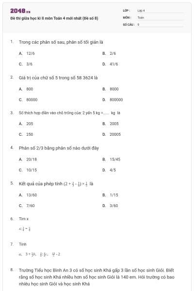 Đề thi giữa học kì II môn Toán 4 mới nhất (Đề số 8)