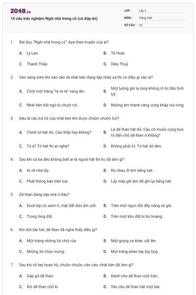 16 câu trắc nghiệm Ngôi nhà trong cỏ (có đáp án)