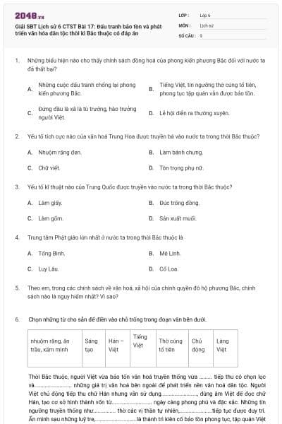 Giải SBT Lịch sử 6 CTST Bài 17: Đấu tranh bảo tồn và phát triển văn hóa dân tộc thời kì Bắc thuộc có đáp án