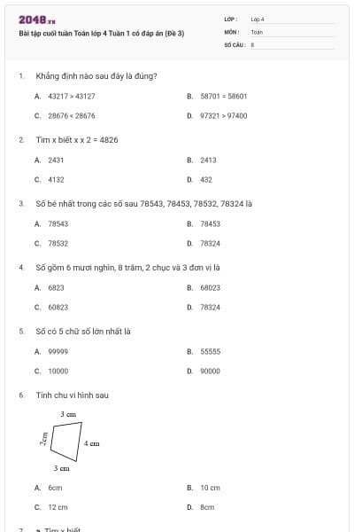 Bài tập cuối tuần Toán lớp 4 Tuần 1 có đáp án (Đề 3)