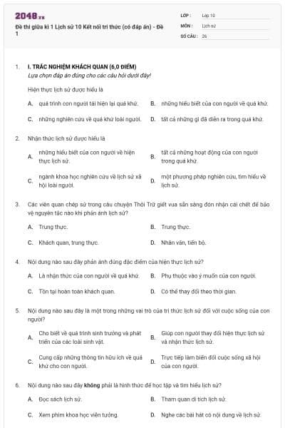 Đề thi giữa kì 1 Lịch sử 10 Kết nối tri thức (có đáp án) - Đề 1