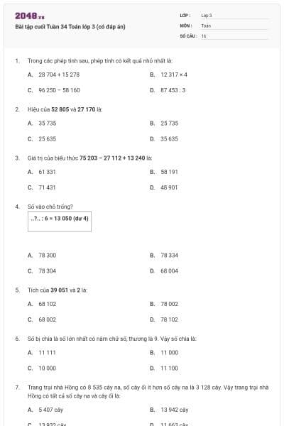 Bài tập cuối Tuần 34 Toán lớp 3 (có đáp án)