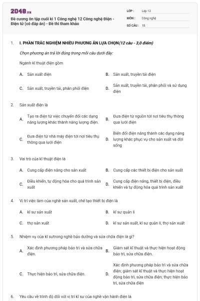 Đề cương ôn tập cuối kì 1 Công nghệ 12 Công nghệ Điện - Điện tử (có đáp án) - Đề thi tham khảo