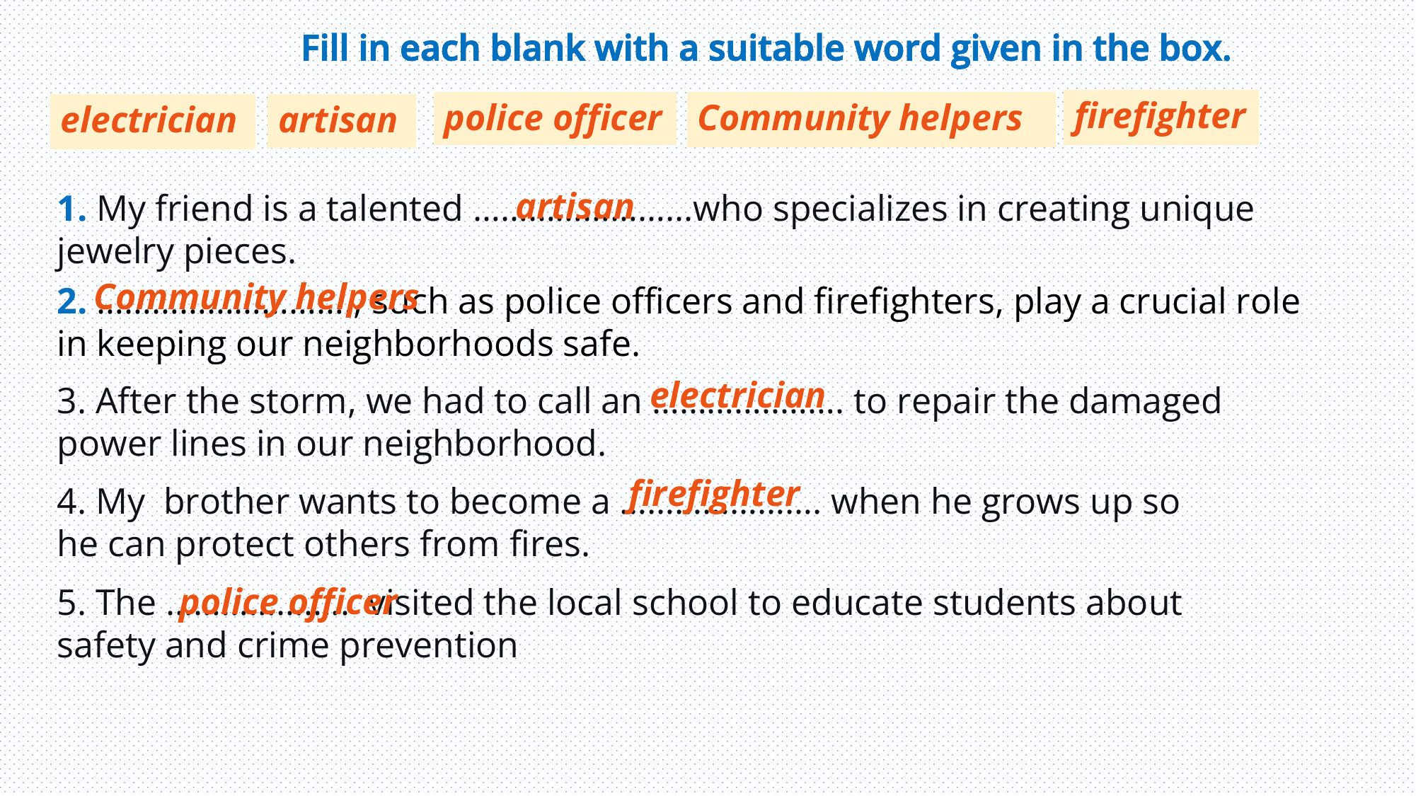 Fill in each blank with a suitable word given in the box.

electrician artisan police officer Community helpers firefighter

 artisan
1. My friend is a talented …………………...who specializes in creating unique
jewelry pieces.
2. Community
 ………………………., helpers
 such as police officers and firefighters, play a crucial role
in keeping our neighborhoods safe.
3. After the storm, we had to call an electrician
 …………..……. to repair the damaged
power lines in our neighborhood.
 firefighter when he grows up so
4. My brother wants to become a ………………….
he can protect others from fires.
 police officer
5. The ……………….. visited the local school to educate students about
safety and crime prevention