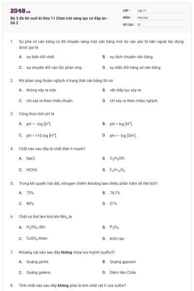 Bộ 3 đề thi cuối kì Hóa 11 Chân trời sáng tạo có đáp án - Đề 2