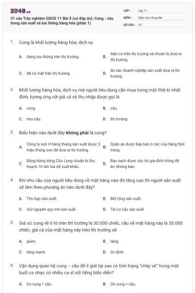 31 câu Trắc nghiệm GDCD 11 Bài 5 (có đáp án): Cung - cầu trong sản xuất và lưu thông hàng hóa (phần 1)