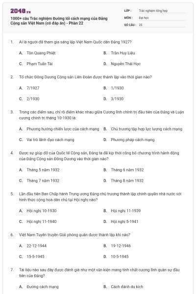 1000+ câu Trắc nghiệm Đường lối cách mạng của Đảng Cộng sản Việt Nam (có đáp án) - Phần 22