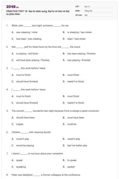 PRACTICE TEST 10- Đại từ nhân xưng, Đại từ sở hữu và Đại từ phản thân