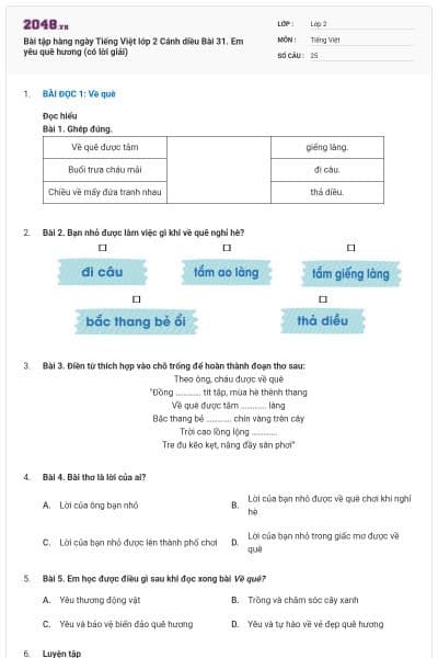 Bài tập hàng ngày Tiếng Việt lớp 2 Cánh diều Bài 31. Em yêu quê hương (có lời giải)