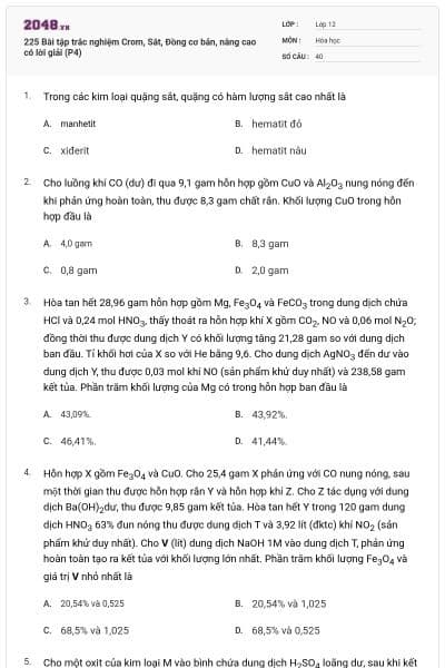 225 Bài tập trắc nghiệm Crom, Sắt, Đồng cơ bản, nâng cao có lời giải (P4)
