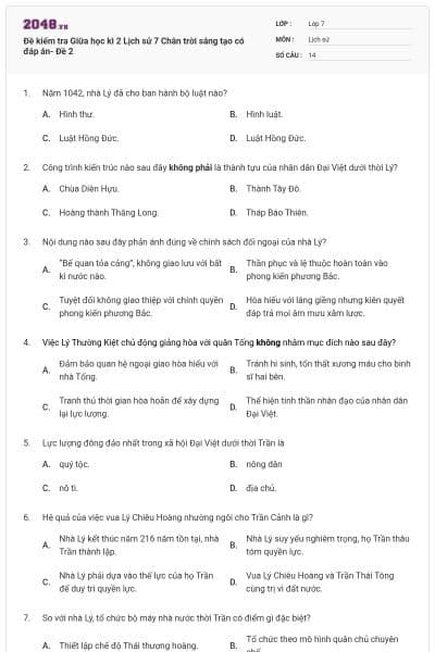 Đề kiểm tra Giữa học kì 2 Lịch sử 7 Chân trời sáng tạo có đáp án- Đề 2