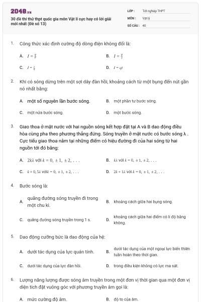 30 đề thi thử thpt quốc gia môn Vật lí cực hay có lời giải mới nhất (Đề số 13)