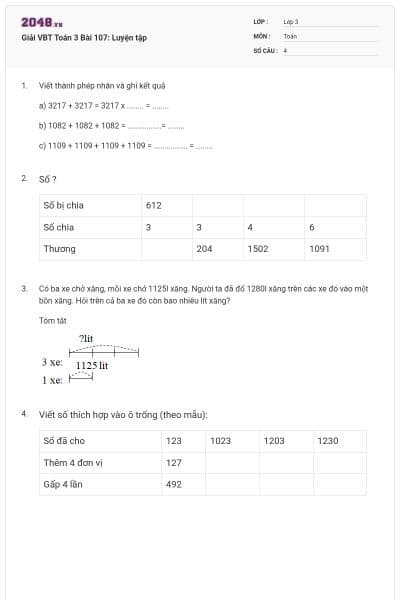Giải VBT Toán 3 Bài 107: Luyện tập