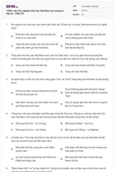 1000+ câu Trắc nghiệm Văn hóa Việt Nam đại cương có đáp án - Phần 35