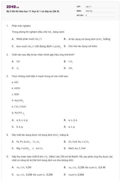 Bộ 9 Đề thi Hóa học 11 Học kì 1 có đáp án (Đề 8)