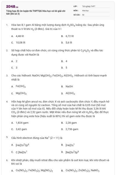 Tổng hợp đề ôn luyện thi THPTQG Hóa học có lời giải chi tiết (Đề số 3)