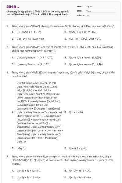 Đề cương ôn tập giữa kì 2 Toán 12 Chân trời sáng tạo cấu trúc mới (có tự luận) có đáp án - Bài 1. Phương trình mặt phẳng