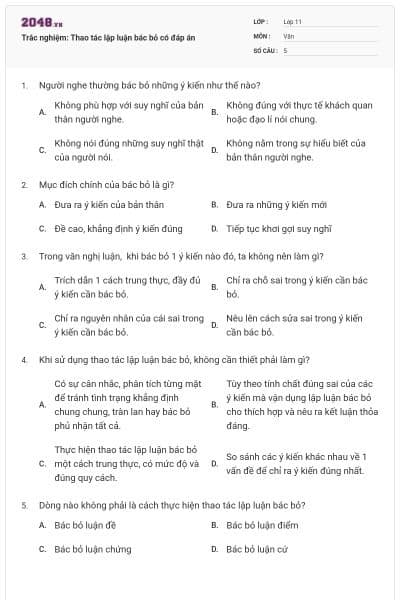 Trắc nghiệm: Thao tác lập luận bác bỏ có đáp án