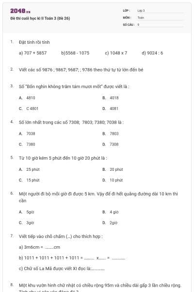 Đề thi cuối học kì II Toán 3 (Đề 26)