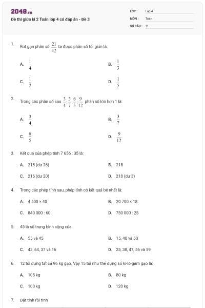 Đề thi giữa kì 2 Toán lớp 4 có đáp án - Đề 3