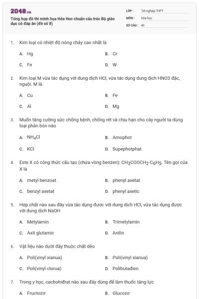 Tổng hợp đề thi minh họa Hóa Hoc chuẩn cấu trúc Bộ giáo dục có đáp án (đề số 8)