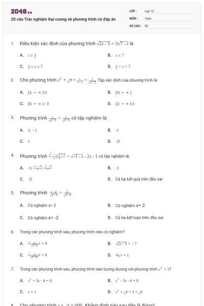 20 câu Trắc nghiệm Đại cương về phương trình có đáp án