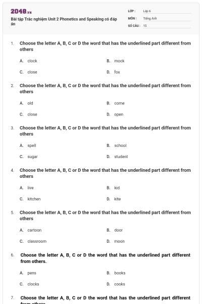 Bài tập Trắc nghiệm Unit 2 Phonetics and Speaking có đáp án