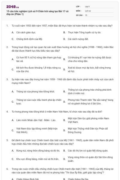 15 câu trắc nghiệm Lịch sử 9 Chân trời sáng tạo Bài 17 có đáp án (Phần 1)