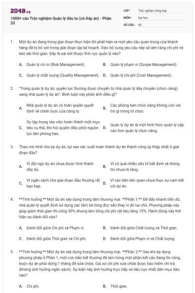 1000+ câu Trắc nghiệm Quản lý đầu tư (có đáp án) - Phần 33
